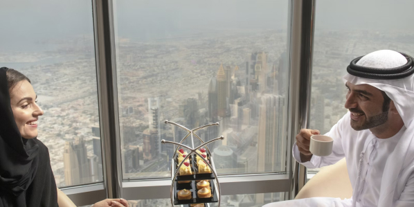 world's highest lounge at 585 meters above the ground atop Burj Khalifa